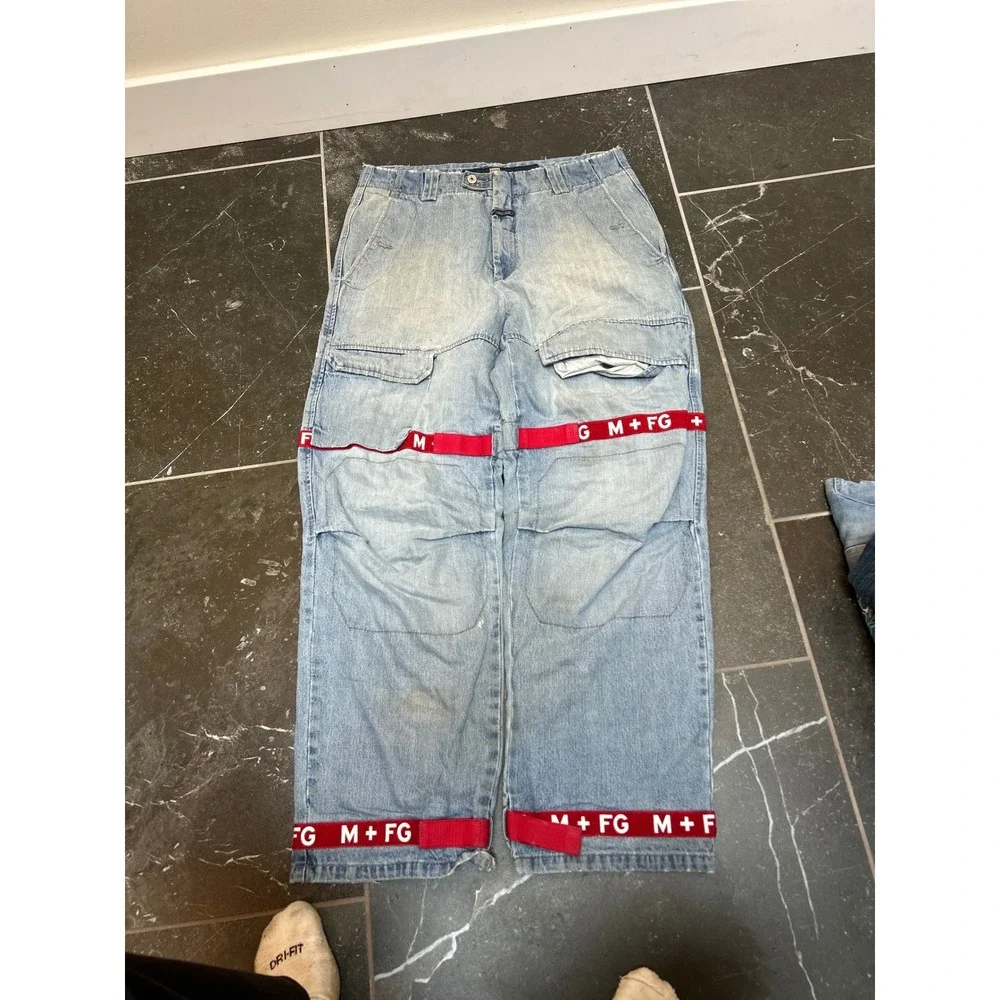 Marithe Francois Girbaud Shuttle Tape Baggy Jeans Mens 36M Light Wash Red Straps
